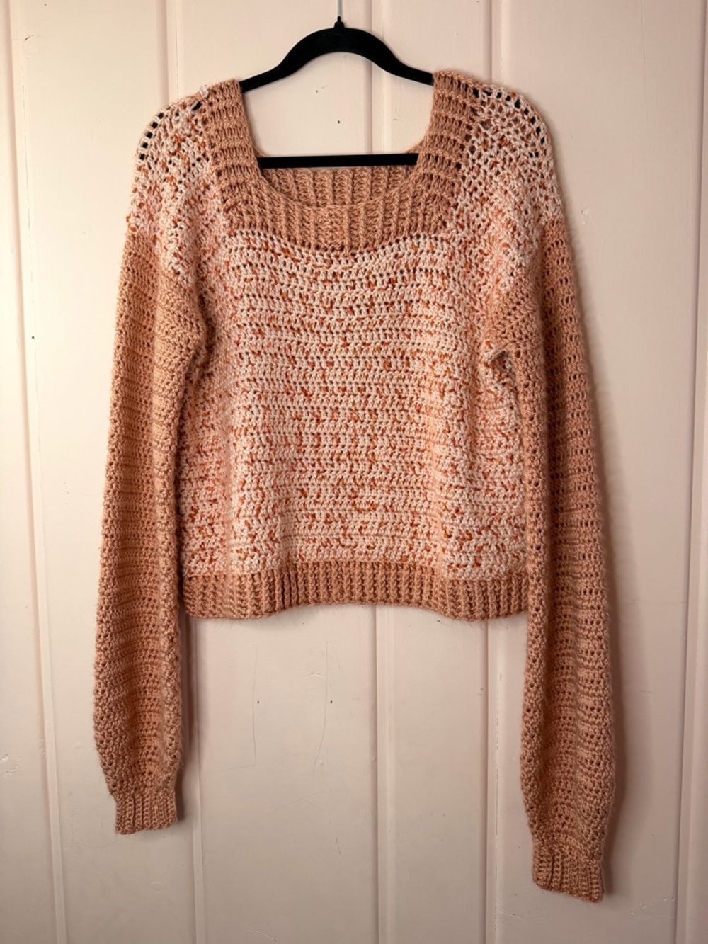 Handmade Cozy Peach Open-Knit Square Neck Sweater SzMedium/Large